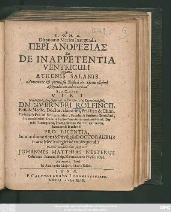 Disputatio Medica Inauguralis Peri Anorexias Seu De Inappetentia Ventriculi