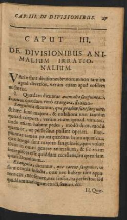 Caput III. De Divisionibus Animalium Irrationalium.