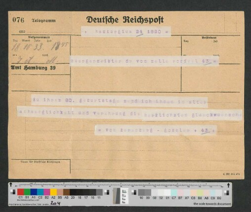 Telegramm an Werner von Melle