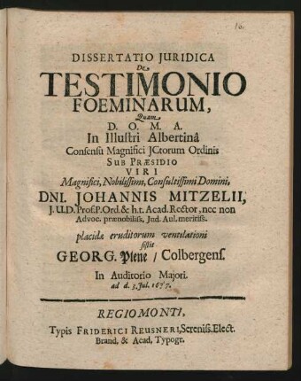 Dissertatio Iuridica De Testimonio Foeminarum