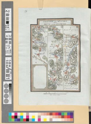 Reise Atlas von Bajern oder Geographisch-geometrische Darstellung aller bajrischen Haupt- und Landstraßen mit den daranliegenden Ortschaften und Gegenden : nebst Kurzer Beschreibungen alles dessen, was auf und an einer jeden der gezeichneten Straßen für den Reisenden merkwürdig seyn kann. [Gewidmet] Joseph August Grafen von Toerring, 26. Chaussée Von München Über Bruck Nach Augsburg