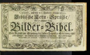 Curieuse, und mit 800. Bildern erleuterte 252. Biblische Kern-Sprüche/ oder so genannte kleine Bilder-Bibel : Dem Gemüth zur Ergetzung/ der lieben Jugend zu Erlernung eines jeden Dinges/ mit seinem rechten Nahmen zu benennen: wie nicht weniger die Sprüche Heil. Schrifft/ ohne Mühe ins Gedächtnüß zu bringen