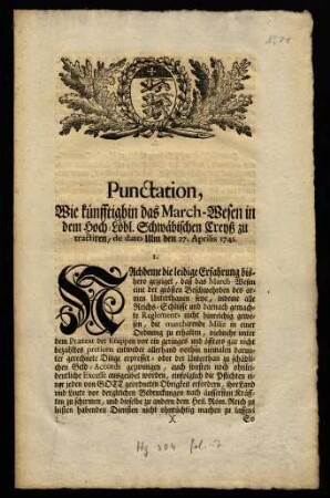 Punctation, Wie künfftighin das March-Wesen in dem Hoch-Löbl. Schwäbischen Creyß zu tractiren, de dato Ulm den 27. Aprilis 1741.