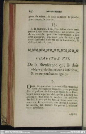 Chapitre VII. De la Bienséance qui se doit observer de Superieur à inférieur, & entre personnes égales
