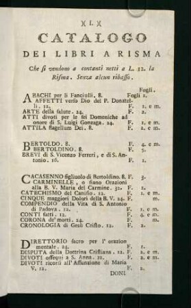 I-IV, Catalogo dei libri a risma