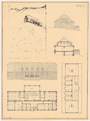 Skihütte Monatskonkurrenz November 1930: Grundriss Erdgeschoss, Dachgeschoss, Aufriss Südansicht, Seitenansicht, Querschnitt; perspektivische Ansicht