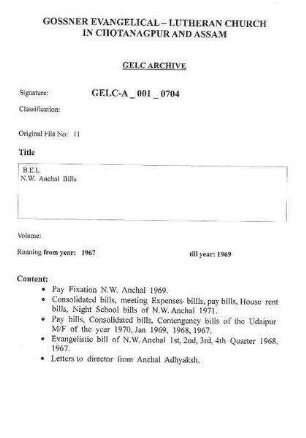 B.E.L. - N.W. Anchal Bills