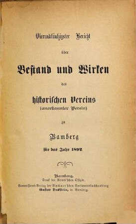 Bericht über Bestand und Wirken des Historischen Vereins zu Bamberg. 54.1892