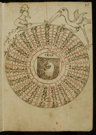 Scheibe: Goldene Zahl, Anzahl der Wochen zwischen Weihnachten und Fastnacht; Wappenschild mit Einhorn (Grafen von Croaria); Vogel Strauß, Pelikan (?), bärtiger Mann
