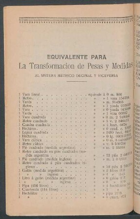 Equivalente para la transformación de pesas y medidas al sistema métrico decimal y viceversa