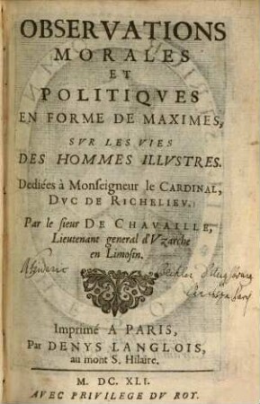 Observations morales et politiques ... sur les vies des hommes illustres