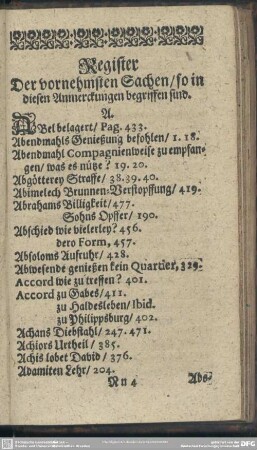 Register Der vornehmsten Sachen, so in diesen Anmerckungen begriffen sind