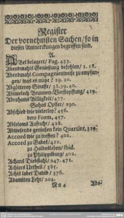 Register Der vornehmsten Sachen, so in diesen Anmerckungen begriffen sind