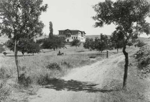 Feldweg zu einem Landhaus. Ansicht mit Eselreiter auf der Wiese