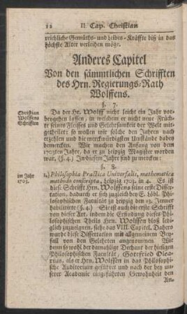 Anderes Capitel Von den sämmtlichen Schrifften des Hrn. Regierungs-Rath Wolffens