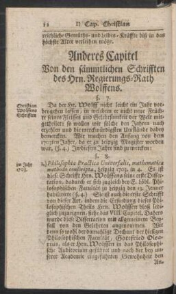 Anderes Capitel Von den sämmtlichen Schrifften des Hrn. Regierungs-Rath Wolffens