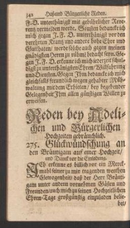 Reden bey Adelichen und Bürgerlichen Hochzeiten gebräuchlich. 275. - 324.