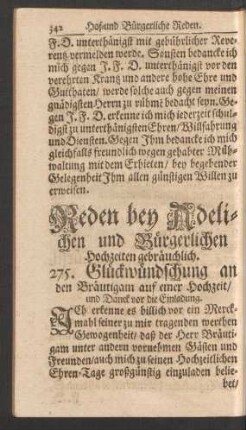 Reden bey Adelichen und Bürgerlichen Hochzeiten gebräuchlich. 275. - 324.