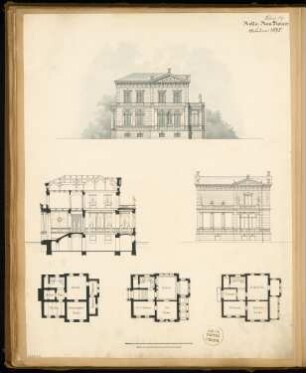 Villa Monatskonkurrenz Februar 1875: Grundriss Keller, Erdgeschoss, Obergeschoss, Aufriss Gartenansicht, Seitenansicht, Querschnitt; 2 Maßstabsleisten