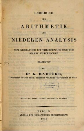 Lehrbuch der Arithmetik u. niedern Analysis