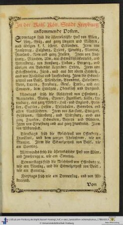 In der Kais. Kön. Stadt Freyburg ankommende Posten.