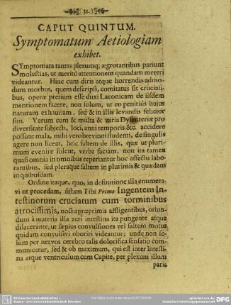 Caput Quintum. Symptomatum Aetiologiam exhibet