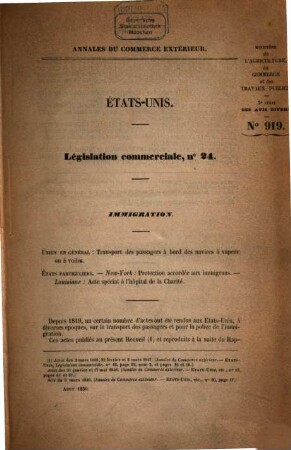 Annales du commerce extérieur. États-Unis. Législation commerciale. 24/39. 1856/75