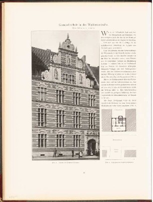 Gemeindeschule in der Waldemarstraße, Berlin: Grundriss 1.OG, Ansicht Lehrerwohnhaus (aus: Neubauten der Stadt Berlin, Bd. III, 1904)