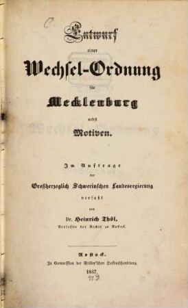 Entwurf einer Wechsel-Ordnung für Mecklenburg : nebst Motiven