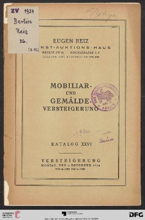 Mobiliar- und Gemälde-Versteigerung : [Gemälde, Mobiliar, Kunstgewerbe, Perser und deutsche Teppiche, Japan- und Chinawaren etc.] ; Versteigerung 8. Dezember 1924 (Katalog Nr. 26)