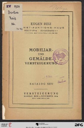Mobiliar- und Gemälde-Versteigerung : [Gemälde, Mobiliar, Kunstgewerbe, Perser und deutsche Teppiche, Japan- und Chinawaren etc.] ; Versteigerung 8. Dezember 1924 (Katalog Nr. 26)