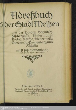 1914: Adressbuch der Stadt Meißen und der Vororte Maisatal und Lercha