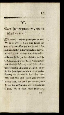 V. Vom Hauptquartier, wann solches cantoniret.