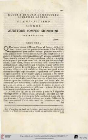 Notizie di Goro di Gregorio Scultore Sanese. Al chiarissimo signor Auditore Pompeo Signorini da Mulazzo