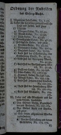 Ordnung der Rubriken des Gesang-Buchs.