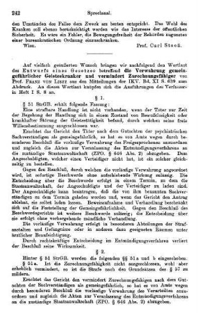 242-244, Die Verwahrung gemeingefährlicher Geisteskranker und vermindert Zurechnungsfähiger