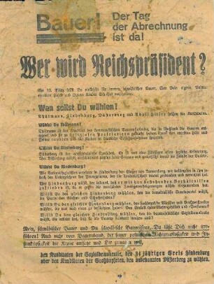 Flugblatt "Bauer! Der Tag der Abrechung ist da!" für die Wahl Adolf Hitlers zum Reichspräsidenten Abbildung Vorderseite