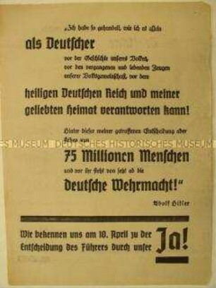 Flugblatt zur Abstimmung über den "Anschluss" Österreichs und zu den Reichstagswahlen vom 10.04.1938