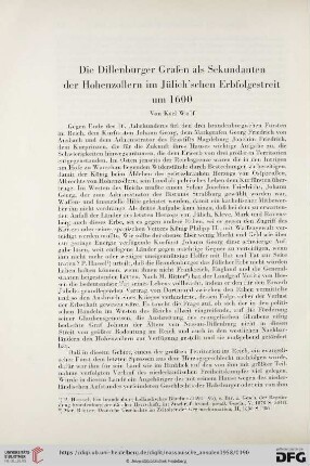 69: Die Dillenburger Grafen als Sekundanten der Hohenzollern im Jülich'schen Erbfolgestreit um 1600