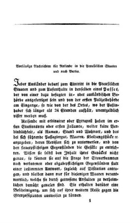 Vorläufige Nachrichten für Reisende in die Preußischen Staaten und nach Berlin