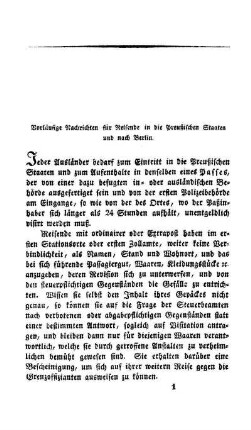 Vorläufige Nachrichten für Reisende in die Preußischen Staaten und nach Berlin
