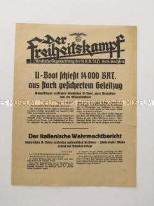 Nachrichtenblatt der sächsischen NSDAP-Zeitung "Der Freiheitskampf" über den deutschen Luftangriff auf Bahnstrecken und Straßen in Südengland