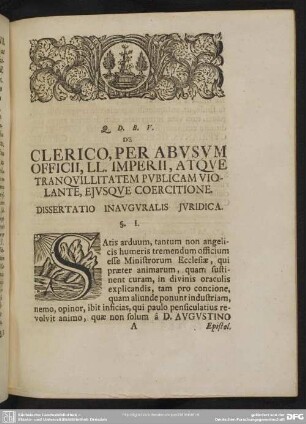De Clerico, Per Abusum Officii Pastoralis, Ll. Imperii, Atque Tranquillitatem Publicam Violante Eiusque Coercitione. Dissertatio Inauguralis Iuridica