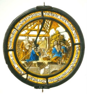Kabinettscheibe mit der Geburt Christi und Anbetung der Hirten nach Albrecht Dürers Holzschnitt aus der "Kleinen Passion". Zugehörig zu einer Serie von vier Rundscheiben mit Szenen aus dem Leben Christi, vgl. Gm.019, 035, 038