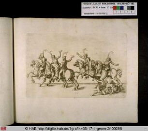 Eine Gruppe von Reitern und eine am Boden liegende Frau mit einem Korb mit zerbrochenen Eiern.