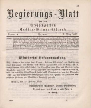 18. Ministerial-Bekanntmachung, die Konzessionierung der unter dem Namen Ruhlaer Eisenbahn zur Ausführung einer Lokomotiv-Eisenbahn von Wutha nach Ruhla gegründeten Aktien-Gesellschaft betreffend