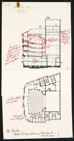 Komische Oper (auch: Künstlertheater, Staatstheater Lustspielhaus), Berlin: Grundriss und Längsschnitt