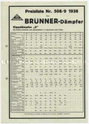 Preisliste Nr. 508/9 1938 über Dämpfer