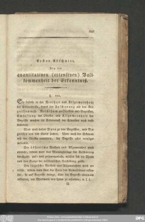 Erster Abschnitt. Von der quantitativen (extensiven) Vollkommenheit der Erkenntniß.