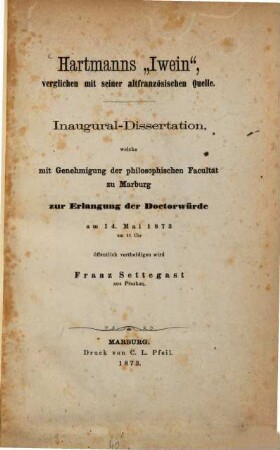 Hartmanns "Iwein" verglichen mit seiner altfranzösischen Quelle